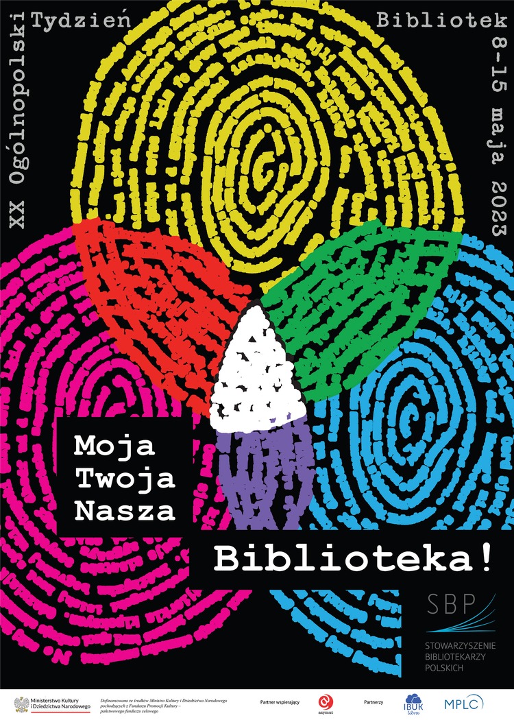 plakat XX ogólnopolski tydzień bibliotek 8 - 15 maja 2023