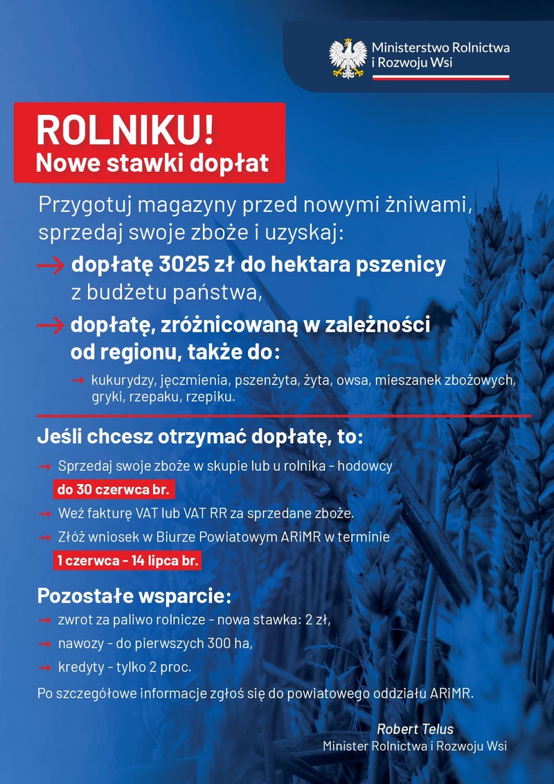 plakat/informacja Ministerstwa Rolnictwa o dopłatach dla rolników