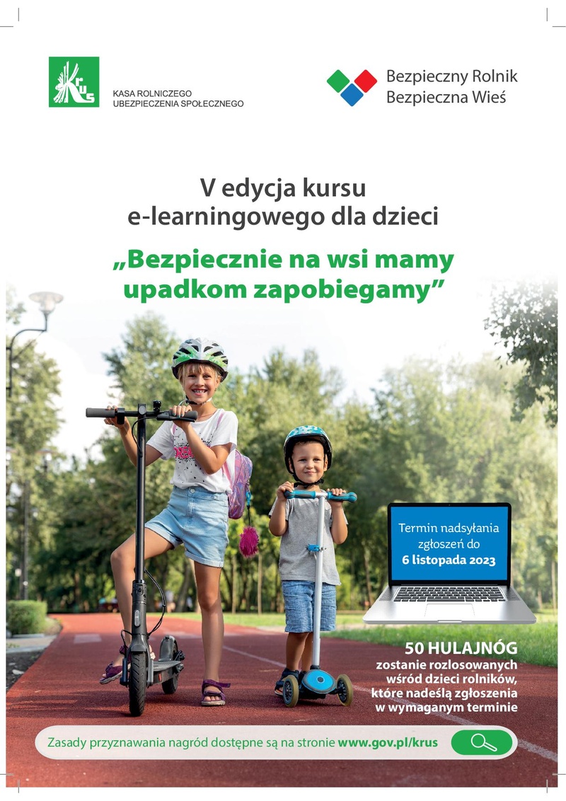 Plakat KRUS dotyczący Kursu e-learningowego dla dzieci „Bezpiecznie na wsi mamy - upadkom zapobiegamy"