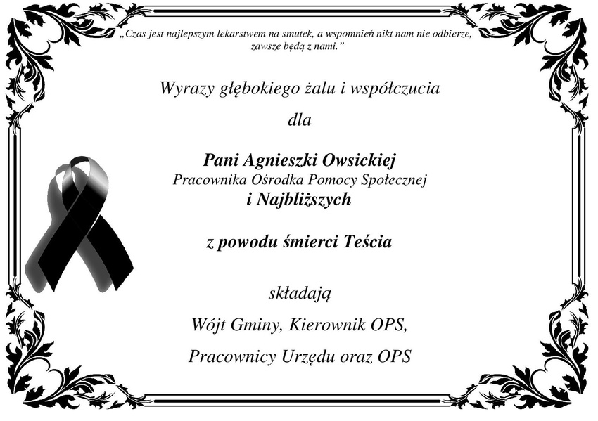 kondolencje dla Agnieszki Owsickiej